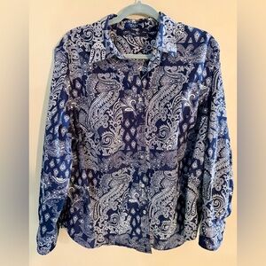 Classic Chaps 2X Blue & White Paisley Print Blouse, EUC